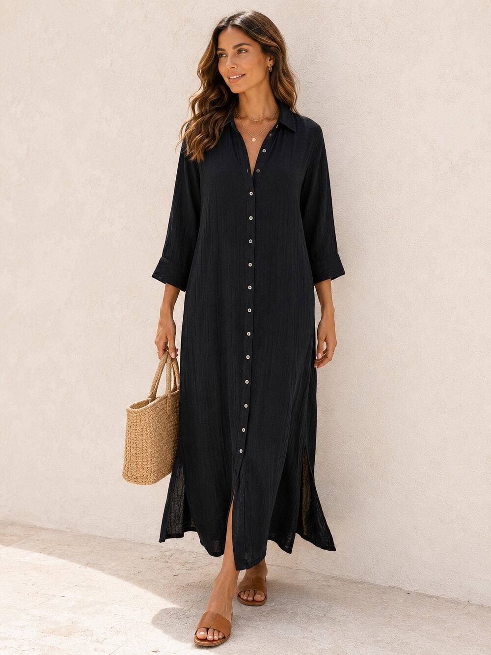 Natural Life Black Cotton Gauze Maxi Shirt Dress Button Front Pockets Small